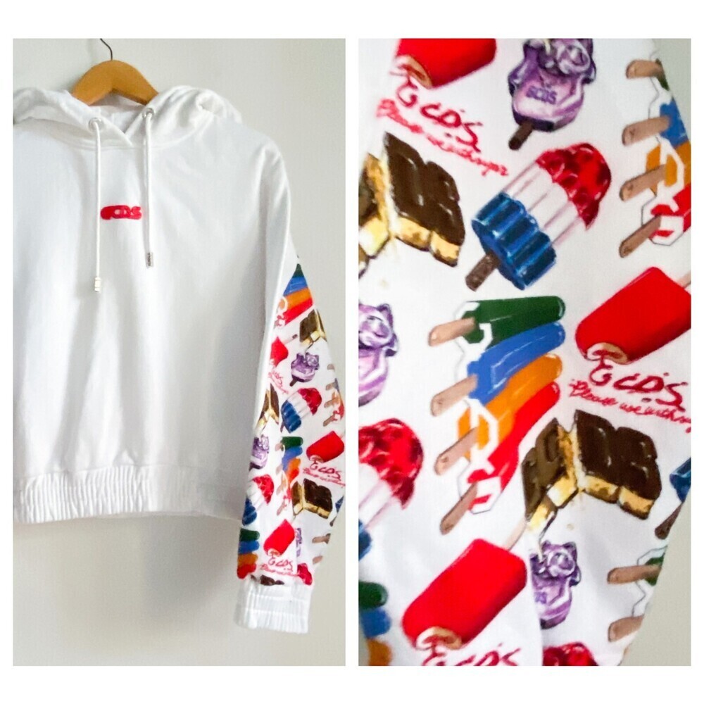 GCDS Wear White Hooded Pullover Sweatshirt w Icecream Print Sleeve S